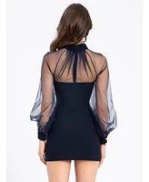 Miss Circle Women's Tabitha Navy Blue Mesh Lantern Sleeve Mini Dress