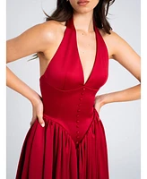 Miss Circle Women's Cara Red Plunging Halter Backless Maxi Dress