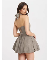 Miss Circle Women's Dacia Plaid Halter Lace-up Bubble Mini Dress