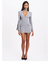 Miss Circle Women's Tahlia Deep V Pinstripes Gray Blazer Dress with scarf collar