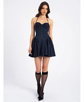 Miss Circle Women's Melody Navy Blue Pinstripe Halter Drop Waist Mini Dress