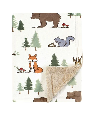 Hudson Baby Infant Boys Plush Blanket with Furry Binding and Back, Forest Animals, One Size
