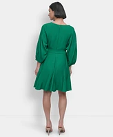 Dkny Petite Faux-Wrap Embroidered-Sleeve Fit & Flare Dress
