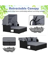 Gymax Rattan Daybed Lounge w/ Retractable Top Canopy Side Tables Cushions