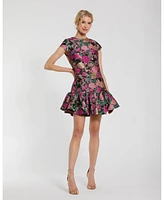 Mac Duggal Women's Brocade Cap Sleeve Mini Dress With Ruffle Hem