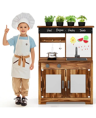 Mud Kitchen Fir Wood Play Kitchen with 4 Panting Pots Faucet Removable Sink