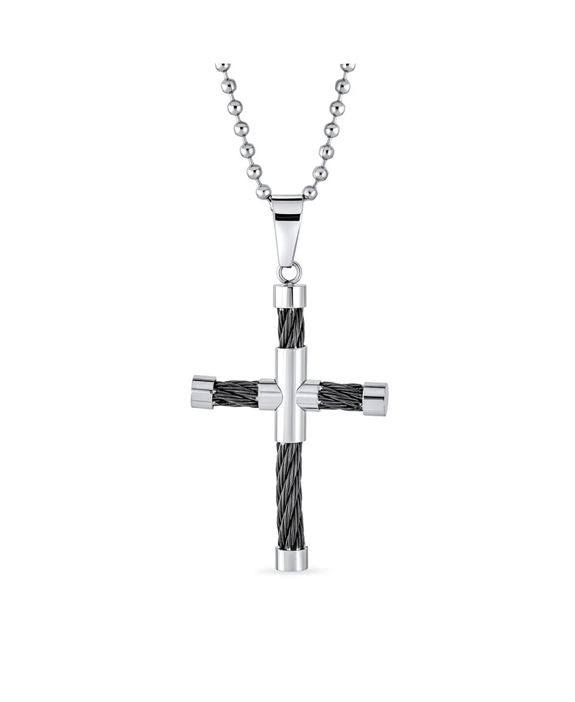 Bling Jewelry Two Tone Tube Black Cable Cross Pendant Necklace Black Silver Tone Stainless Steel