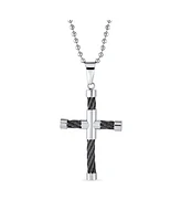 Bling Jewelry Two Tone Tube Black Cable Cross Pendant Necklace Black Silver Tone Stainless Steel