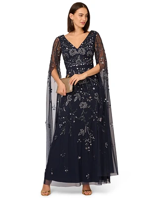Adrianna Papell Women's Long-Sleeve Beaded Mesh Dress