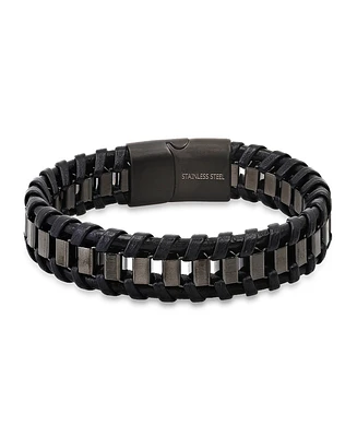 Steeltime Men's Black Leather and Black Ip Stainless Steel Box Link Braided Bracelet