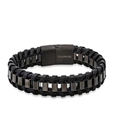 Steeltime Men's Black Leather and Black Ip Stainless Steel Box Link Braided Bracelet