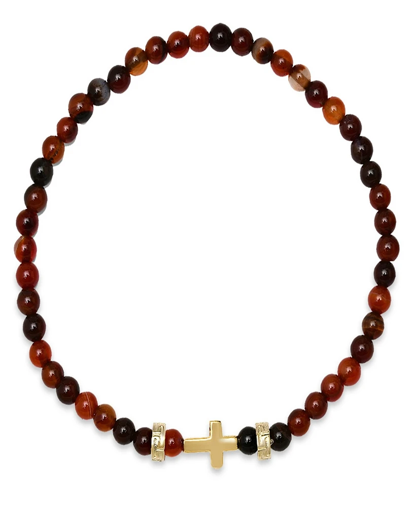 Steeltime Men's 14K Gold Plated Sterling Silver Cross and Red Tiger Eye Beaded Stretch Bracelet