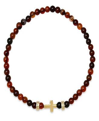 Steeltime Men's 14K Gold Plated Sterling Silver Cross and Red Tiger Eye Beaded Stretch Bracelet