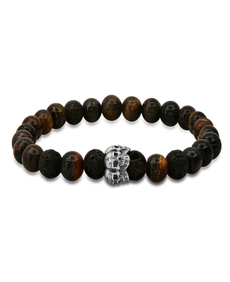 Steeltime Men's Tiger Eye, Black Lava and Sterling Silver Skull Beaded Stretch Bracelet