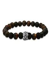 Steeltime Men's Tiger Eye, Black Lava and Sterling Silver Skull Beaded Stretch Bracelet
