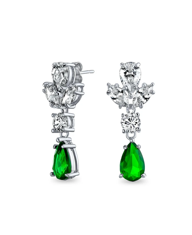 Bling Jewelry Green Teardrop Marquise Leaf Cz Cubic Zirconia Statement Dangle Earrings Silver Plated