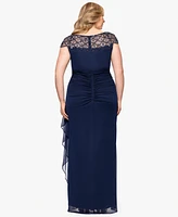 Xscape Plus Sheer Boat-Neckline Long Sheath Dress