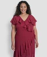 Dkny Plus V-Neck Ruffled High-Low Hem Dress