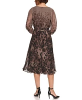 Dkny Petites Chiffon Printed Surplice Balloon-Sleeve Dress