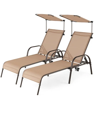 Gymax Set of 2 Heavy-Duty Chaise Lounge 5-Level Adjustable Patio Recliner Canopy