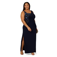 Adrianna Papell Plus Jersey Beaded Long Sleeveless Dress