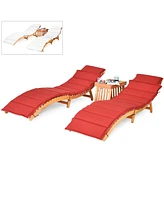 Gymax 3 Pcs Folding Eucalyptus Lounge Chair & Table Set w/ Double-sided Cushion