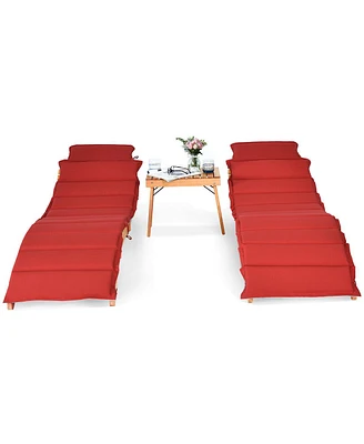Gymax 3 Pcs Folding Eucalyptus Lounge Chair & Table Set w/ Double-sided Cushion