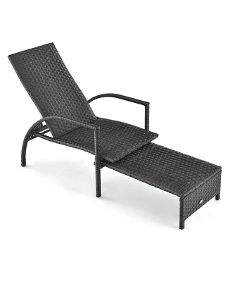 Gymax Outdoor Chaise Lounge Rattan Recliner w/ Retractable Ottoman for Patio