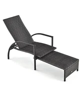 Gymax Outdoor Chaise Lounge Rattan Recliner w/ Retractable Ottoman for Patio