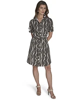 Halston Women's Printed Roll-Tab-Sleeve Belted Shirtdress