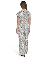 Halston Womens Printed V Neck Cap Sleeve Top Printed High Rise Wide Leg Pants