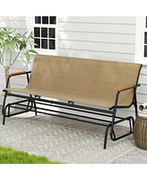 Patio Glider Bench with Curved Teak Armrests and Breathable Fabric Seat for 3 People