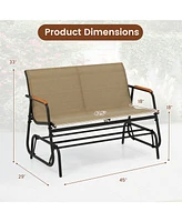 Slickblue Patio Glider Bench with Curved Teak Armrests and Breathable Fabric Seat for 2 People