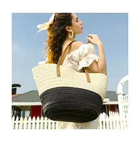 Women's The Straw-Block Tote Bag - Midnight Black:Off-White