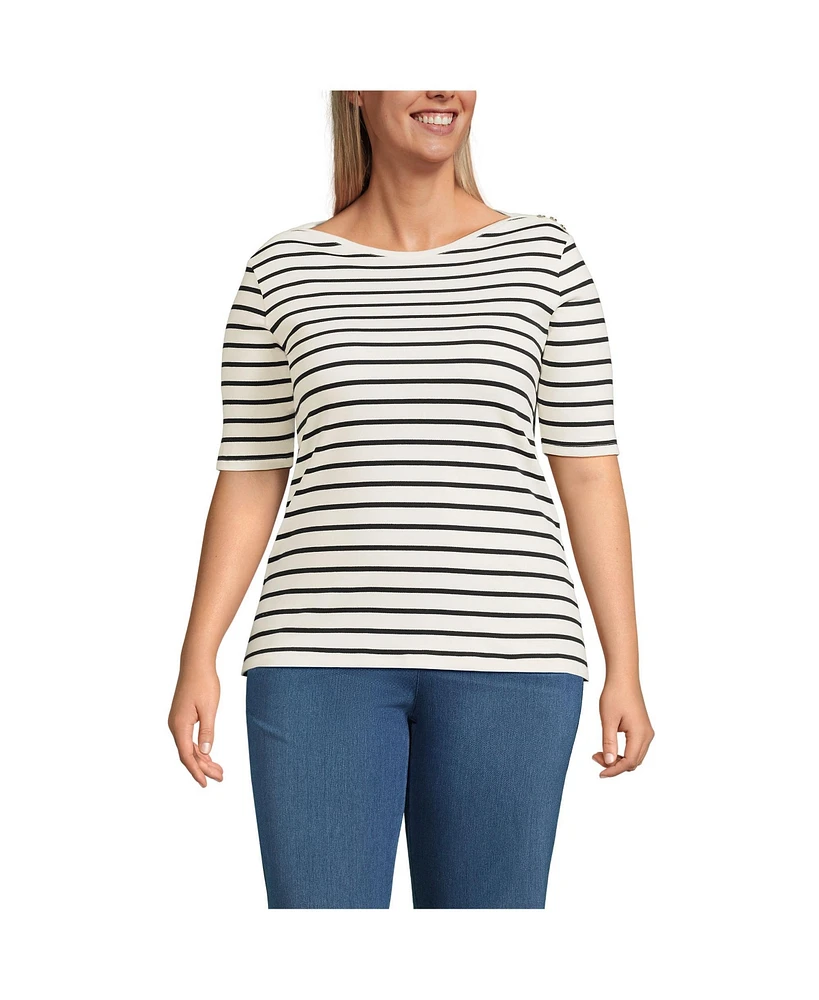 Lands' End Plus Supima Cotton Elbow Sleeve Boatneck Button Shoulder Tee