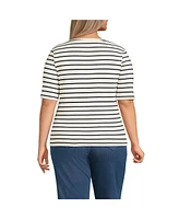 Lands' End Plus Supima Cotton Elbow Sleeve Boatneck Button Shoulder Tee