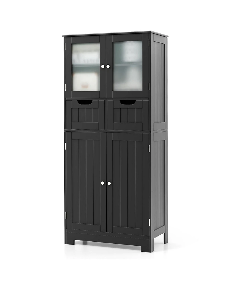 4 Door Freestanding Bathroom Floor Storage Cabinet with 2 Drawers and Glass Doors