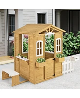 Wood Playhouse with Bench and Serving Stations for 2+ Years Old Kids