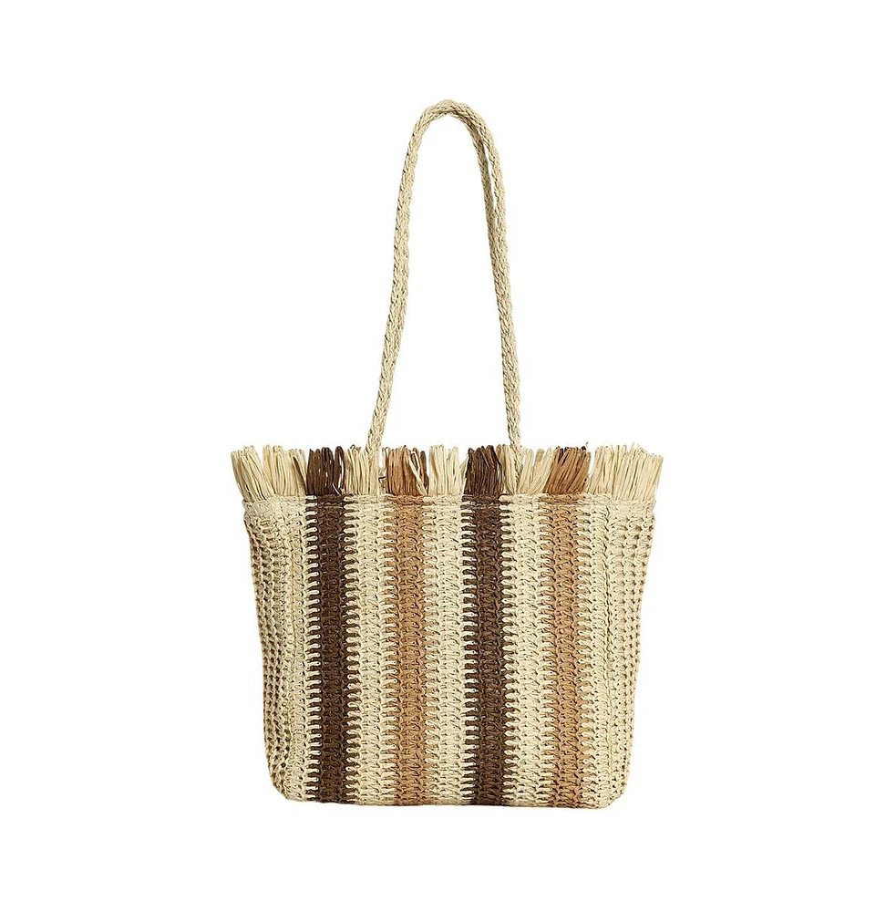 Women's The Straw-Striped Tote Bag - Ecru Beige:Mocha Brown