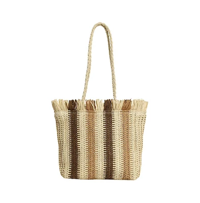 Women's The Straw-Striped Tote Bag - Ecru Beige:Mocha Brown