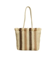Women's The Straw-Striped Tote Bag - Ecru Beige:Mocha Brown