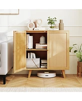Wicker Buffet Storage Cabinet with Pe Rattan Doors and Freestanding Kitchen Cupboard