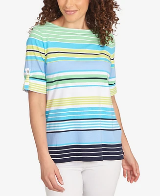 Ruby Rd. Petite Multi Stripe Roll Tab Sleeve T Shirt