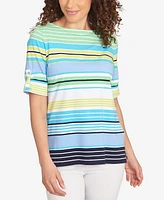 Ruby Rd. Petite Multi Stripe Roll Tab Sleeve T Shirt