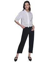 Karl Lagerfeld Paris Women's Cotton Floral-Embroidered Camp Shirt