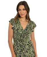 London Times Petites Printed Jersey Long Fit & Flare Dress