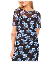 CeCe Women's Short Sleeve Ruched Side Mesh Crew Neck Midi Dress