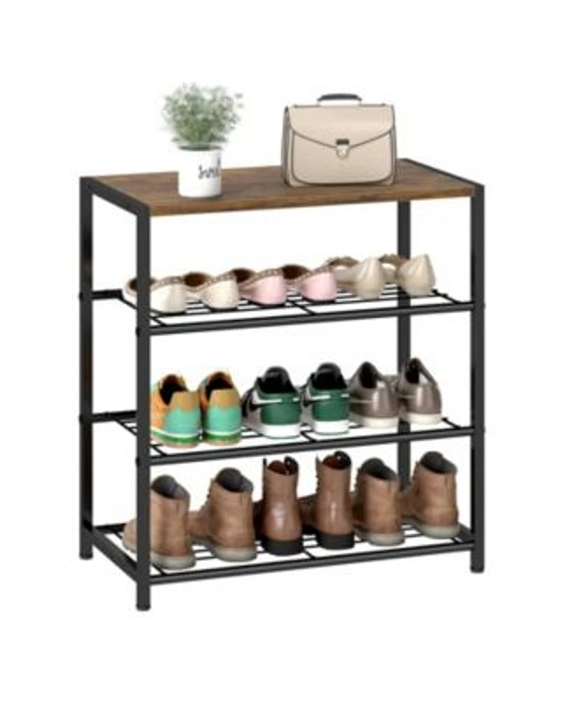 Sugift 4-Tier Shoe Rack Metal Storage Organizer with Wood Top Board