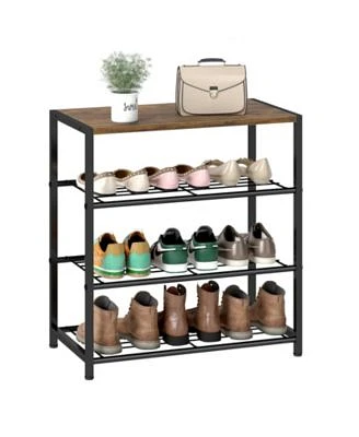 Sugift 4-Tier Shoe Rack Metal Storage Organizer with Wood Top Board