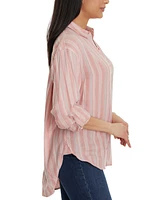 Gloria Vanderbilt Women's Amanda Striped Roll-Tab-Sleeve Button-Front Shirt - Guava Ice